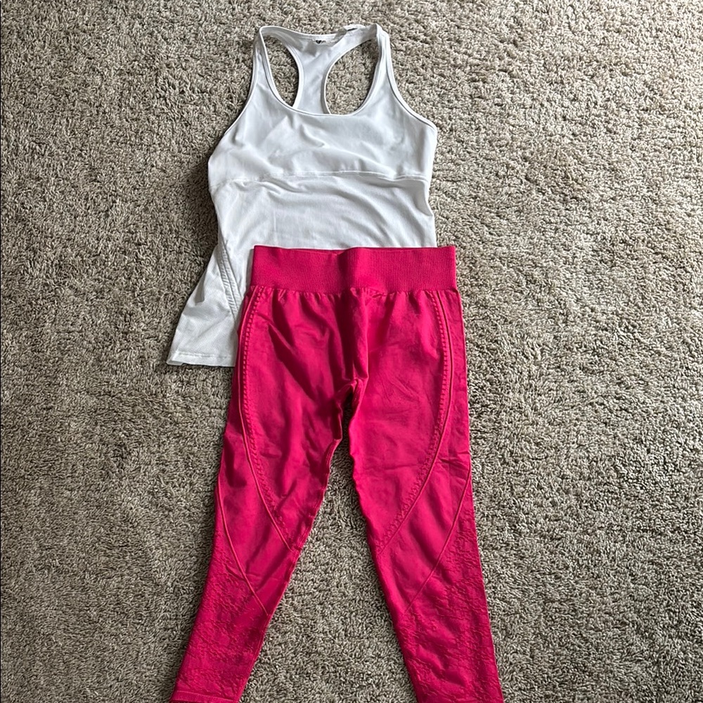 Fabletics White Tank Top and Pink Leggings Set